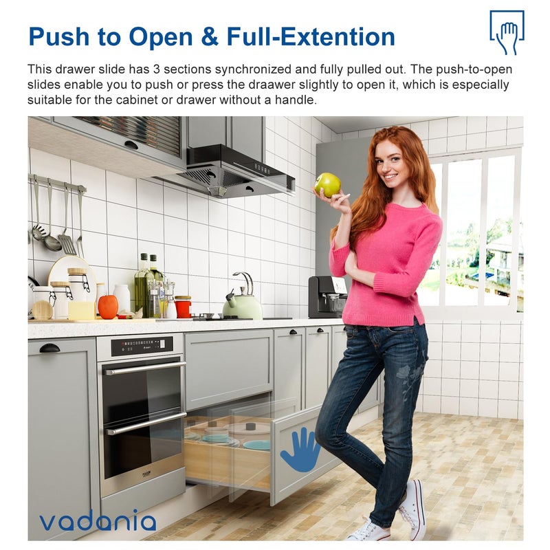 VADANIA 14"" Undermount Drawer Slide, Push to Open, Bottom Mounted & Bottom Support, 88 lb Load Capacity, 3-Fold Full Extension, Invisible Drawer Slies,1 Pair(2-Pack) - Image 3